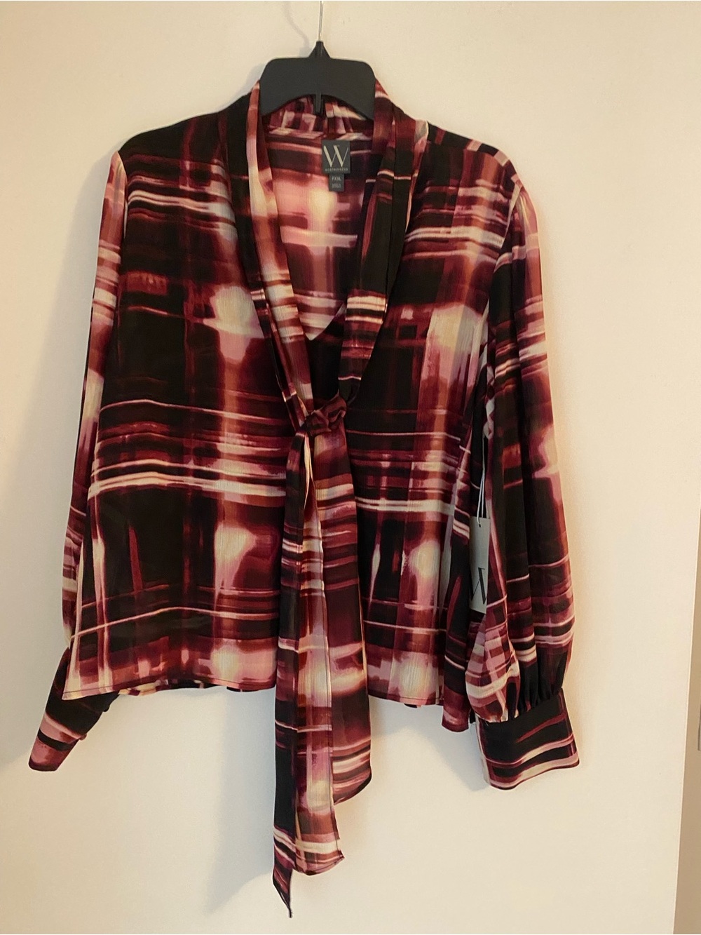 Worthington Burgundy Plaid Tie-Neck Blouse